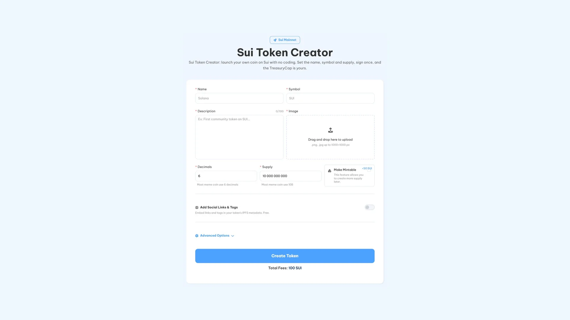 create a token on Sui: the Smithii Sui Token Creator tool with name, symbol, decimals, supply, description and image upload