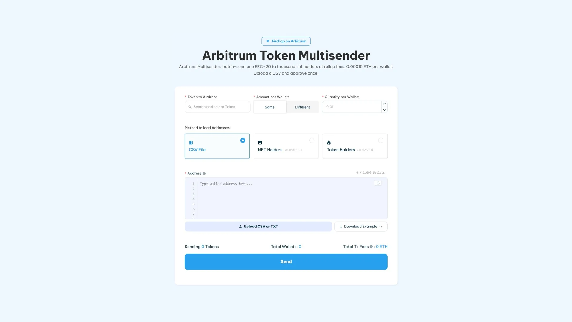 Arbitrum airdrop tool called "Arbitrum Multisender" created by Smithii