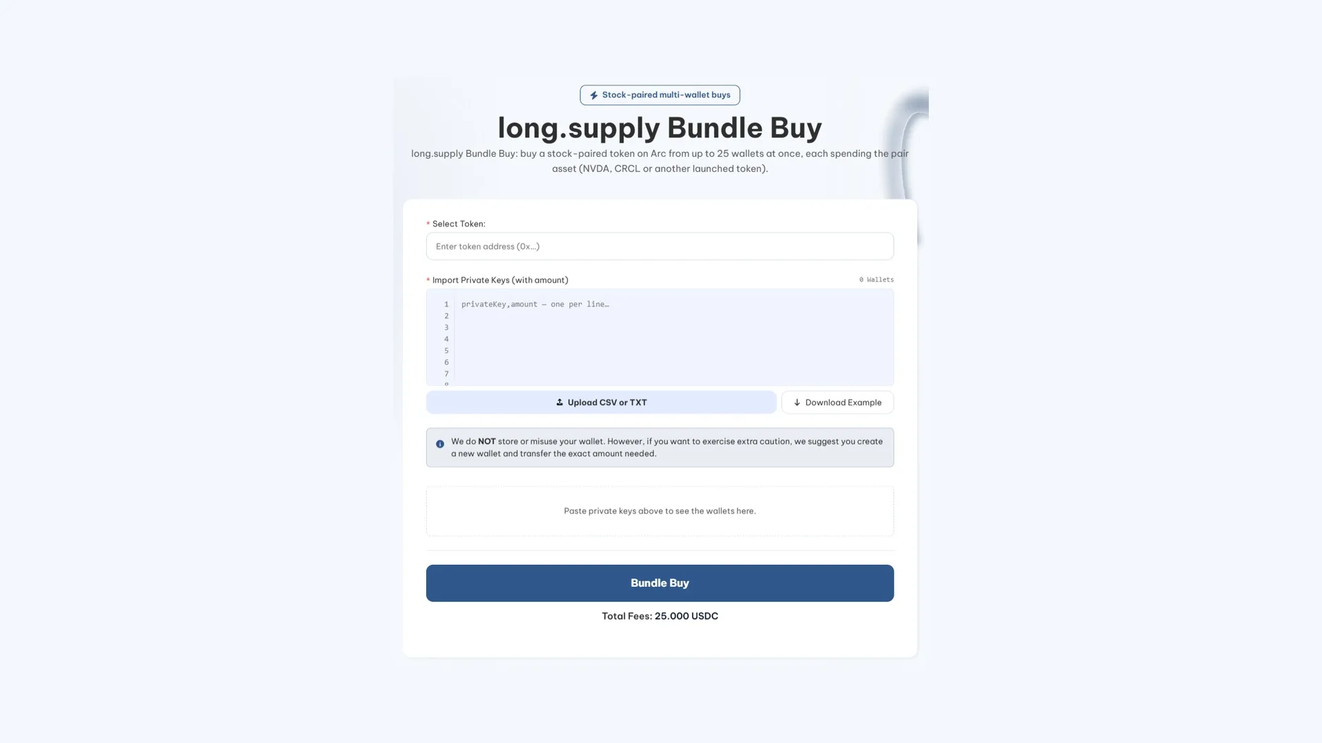 long.supply bundler on Arc: Bundle Buy screen with the token field and the private-key importer