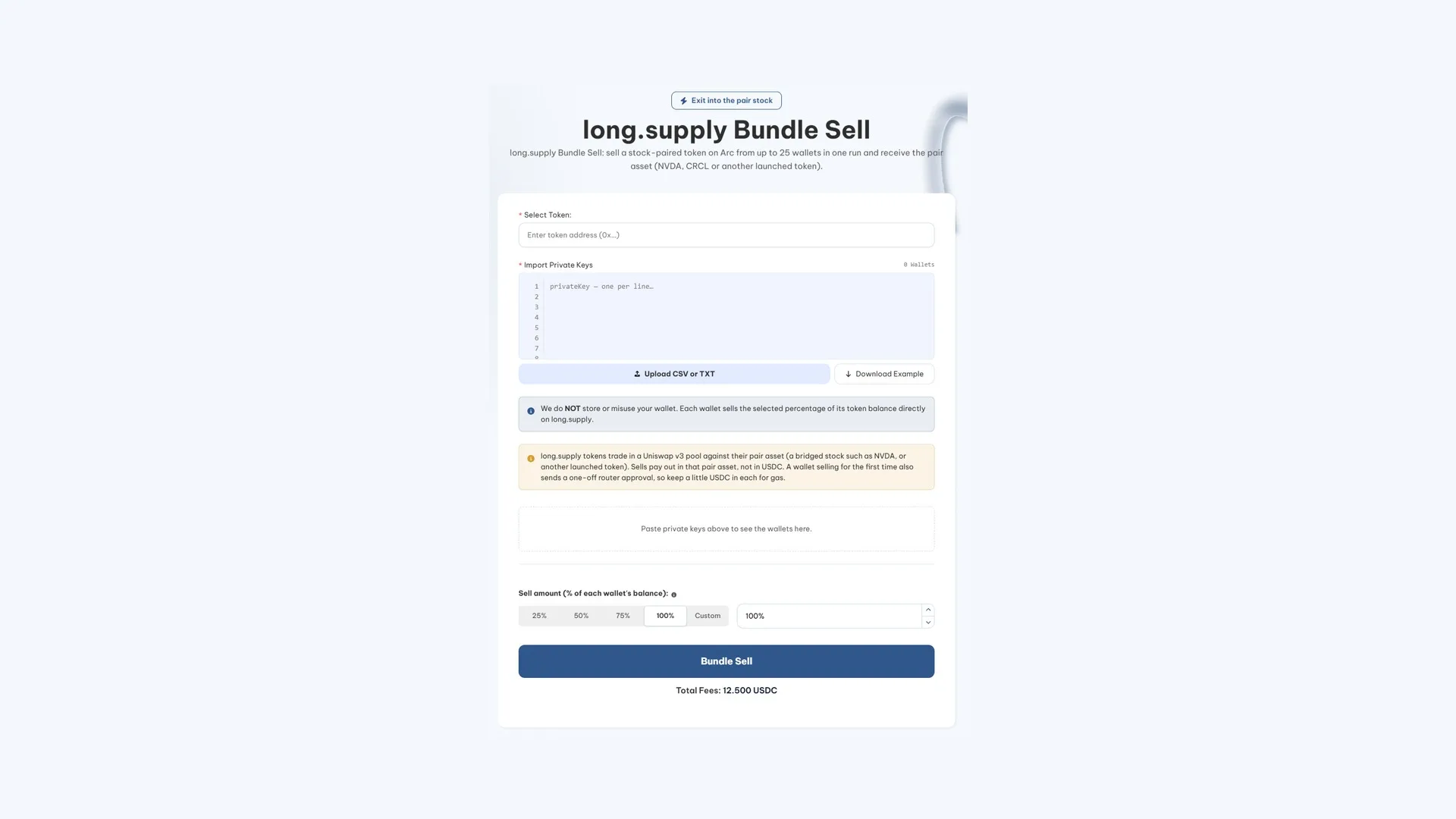 long.supply bundler on Arc: Bundle Sell screen with the per-wallet sell percentage selector