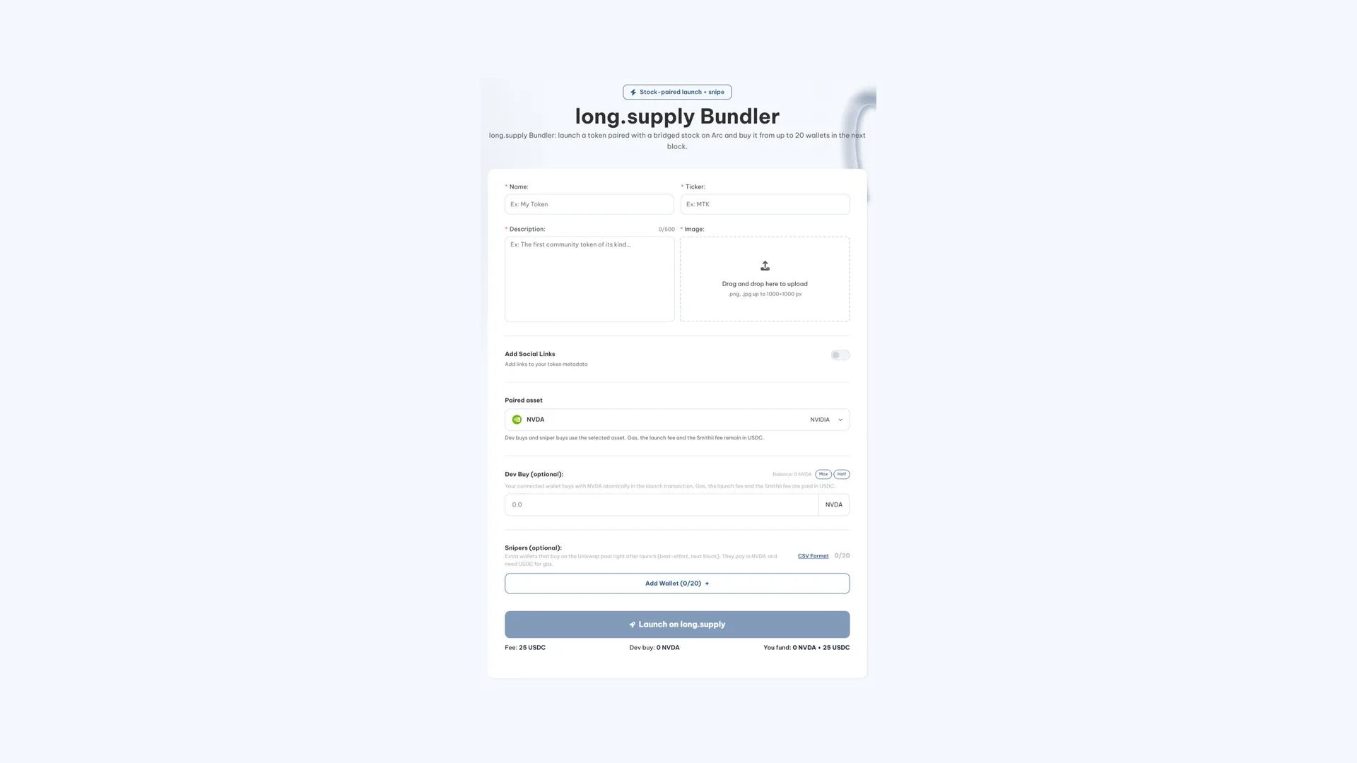long.supply bundler on Arc: launch form with the token metadata, the pair asset, and the sniper wallets