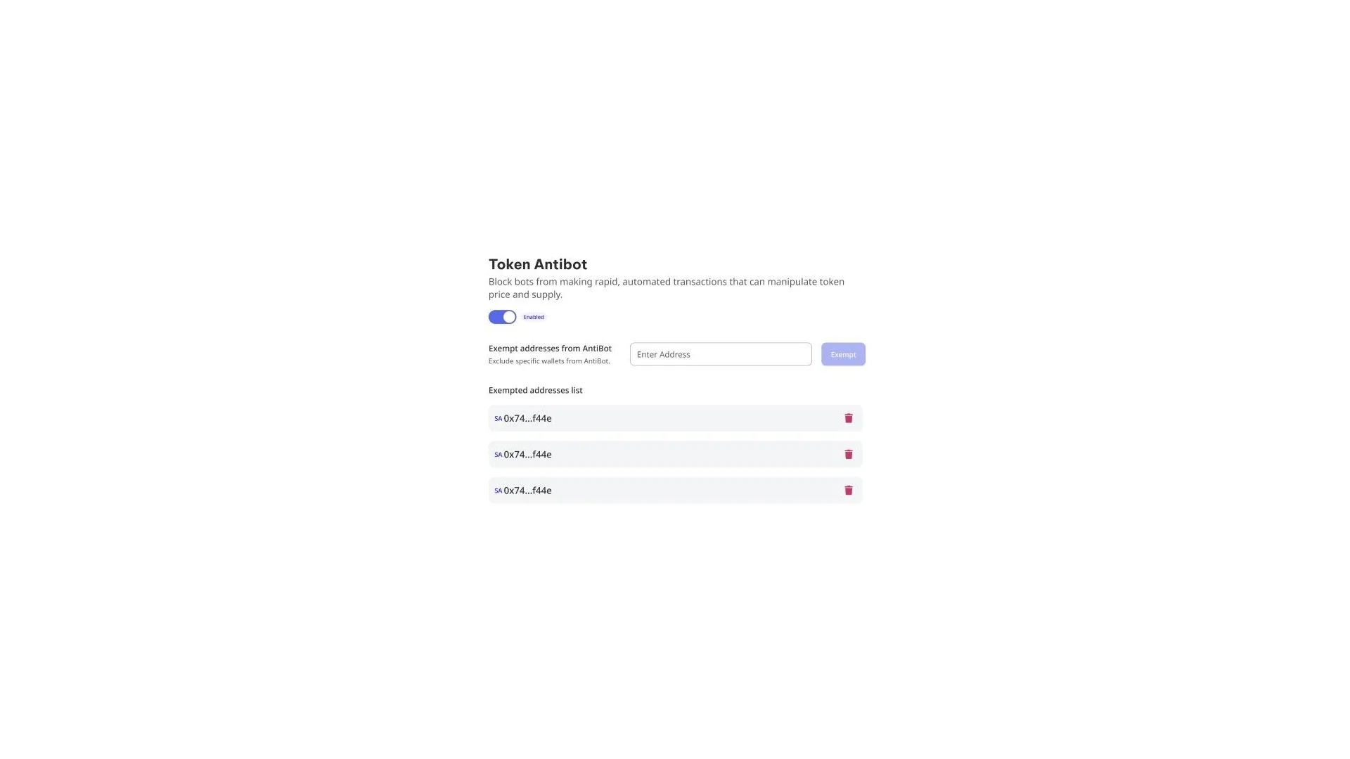 arc-manage-token-screenshot-7 Arcのtoken manager:アンチボットのスイッチがオンになった画面と除外アドレスの一覧