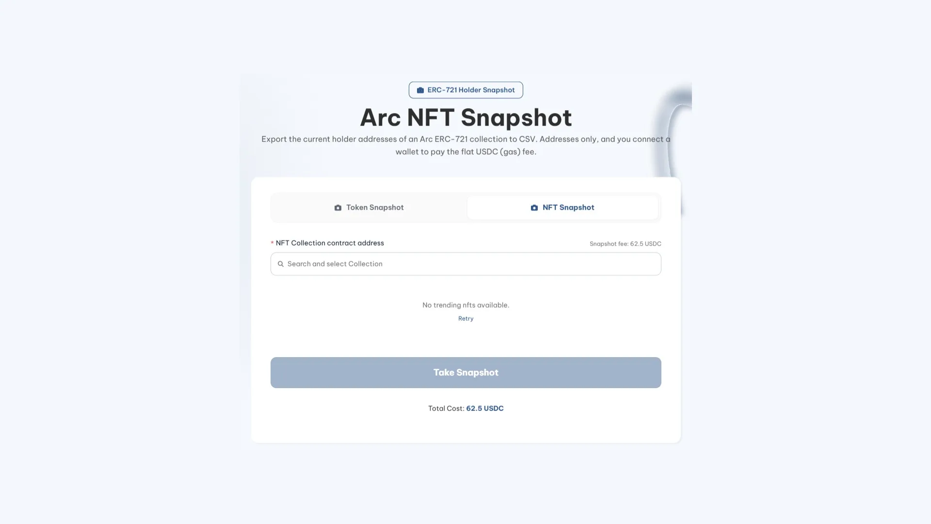 arc-nft-snapshot-screenshot NFT snapshot su Arc: schermata dell'Arc NFT Snapshot di Smithii con la scheda delle collezioni selezionata