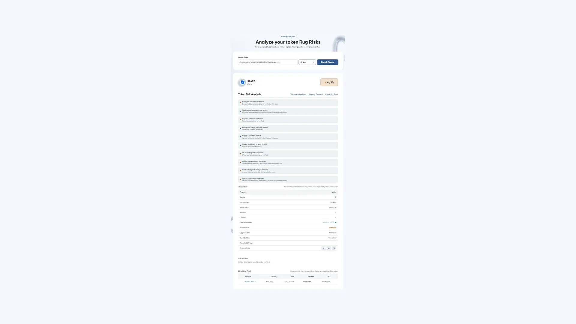 arc-rug-check-screenshot Arcのrugチェック:SmithiiのRug Checkerによるトークンのリスクと流動性の分析レポート
