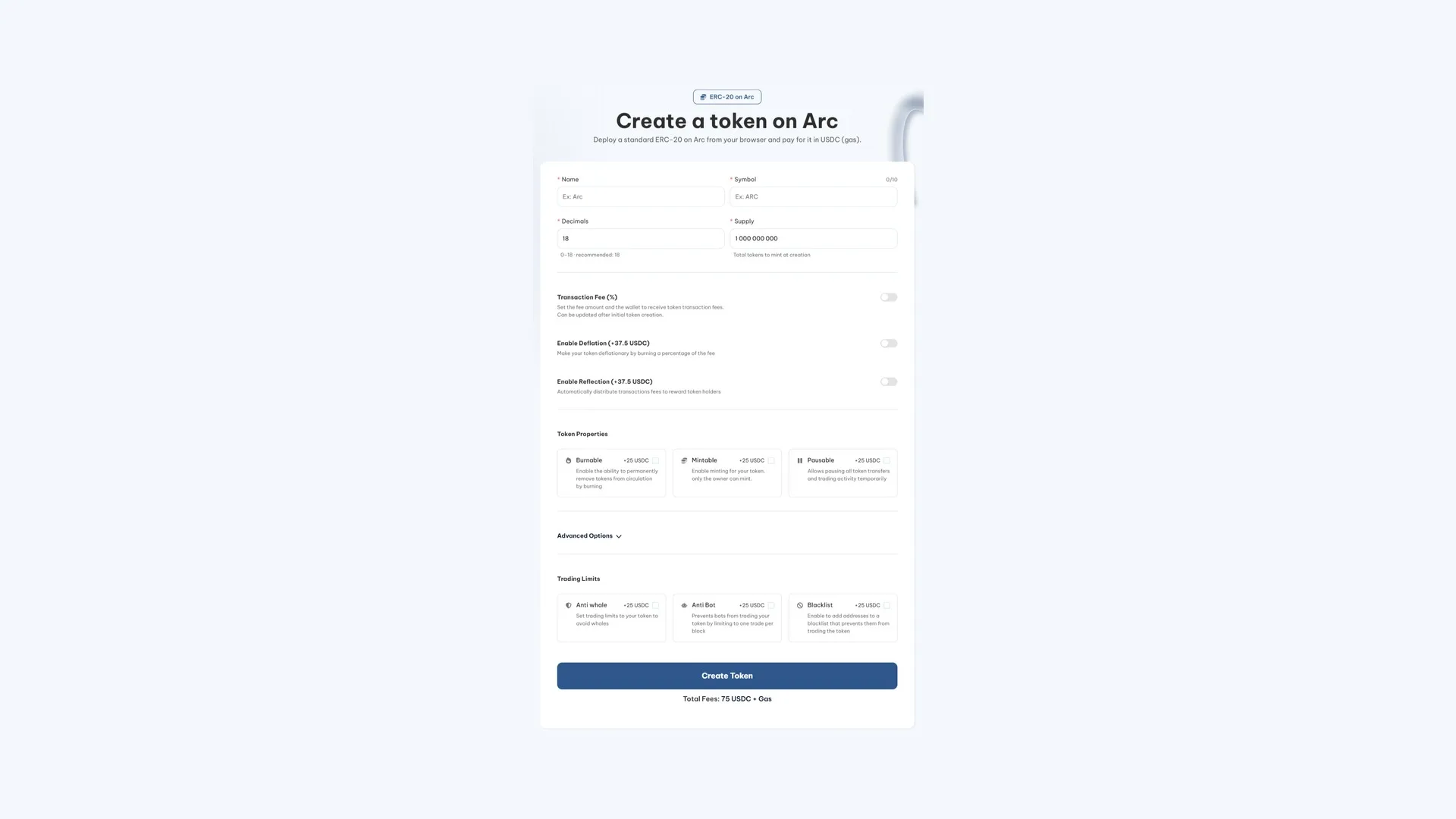 arc-token-creator-screenshot creare un token su Arc: interfaccia del Token Creator di Smithii con i campi Name, Symbol, Decimals e Supply e le funzioni opzionali