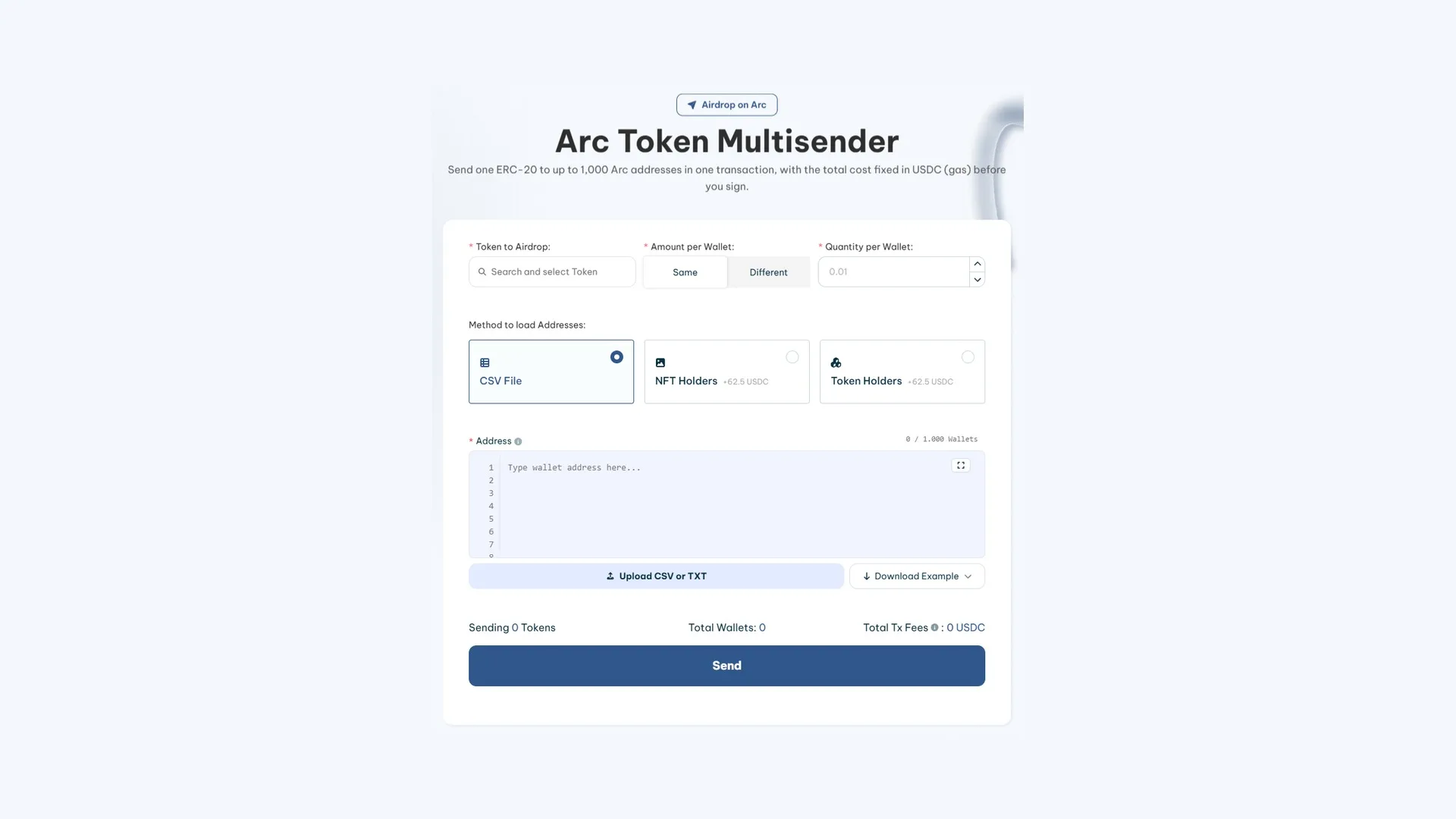 arc-token-multisender-screenshot Arcのmultisender: SmithiiのArc Token Multisenderの画面。アドレス読み込み方法とwallet件数カウンターが表示されている
