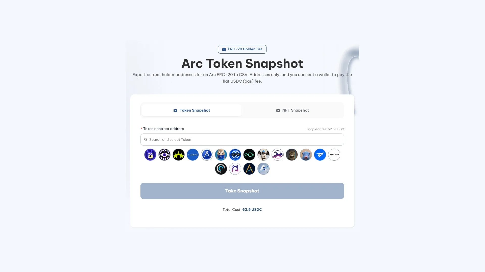 arc-token-snapshot-screenshot token snapshot su Arc: interfaccia dell'Arc Token Snapshot di Smithii con il campo dell'indirizzo del contratto e la fee