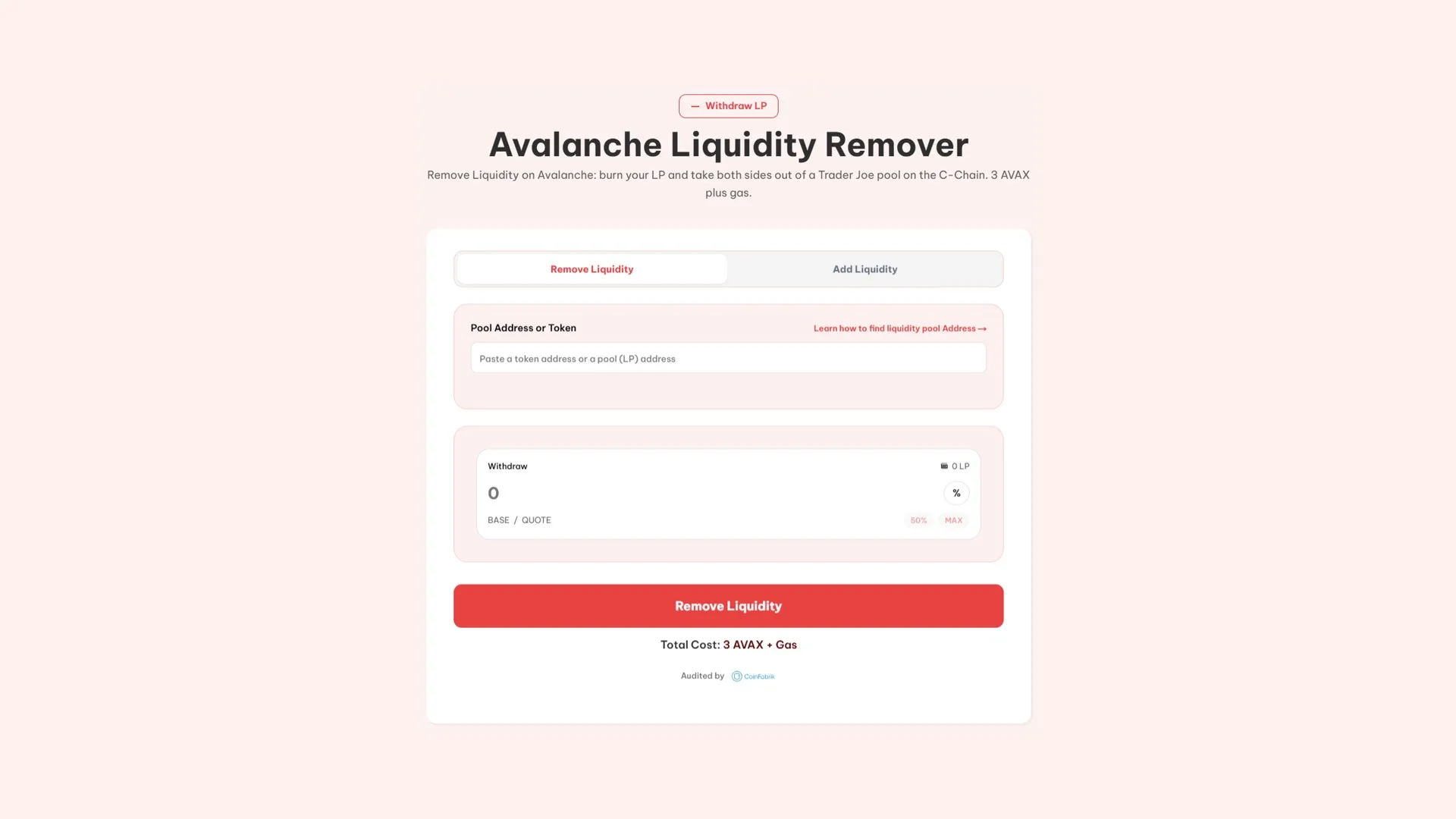 使用 Smithii Avalanche Liquidity Remover 工具从 Avalanche/Avax 区块链的 Uniswap 上移除流动性池