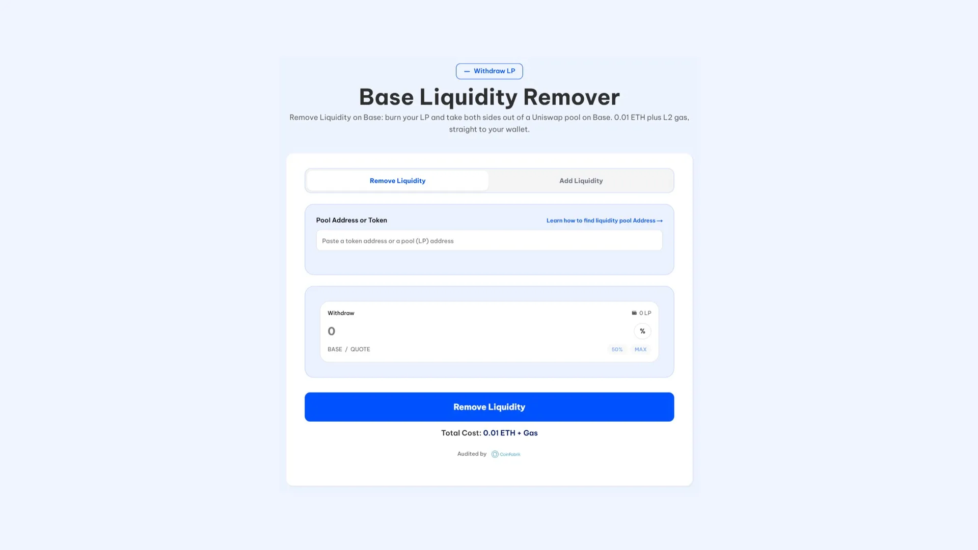 使用 Smithii Base Liquidity Remover 工具在 Uniswap 上移除 Base 流动性池