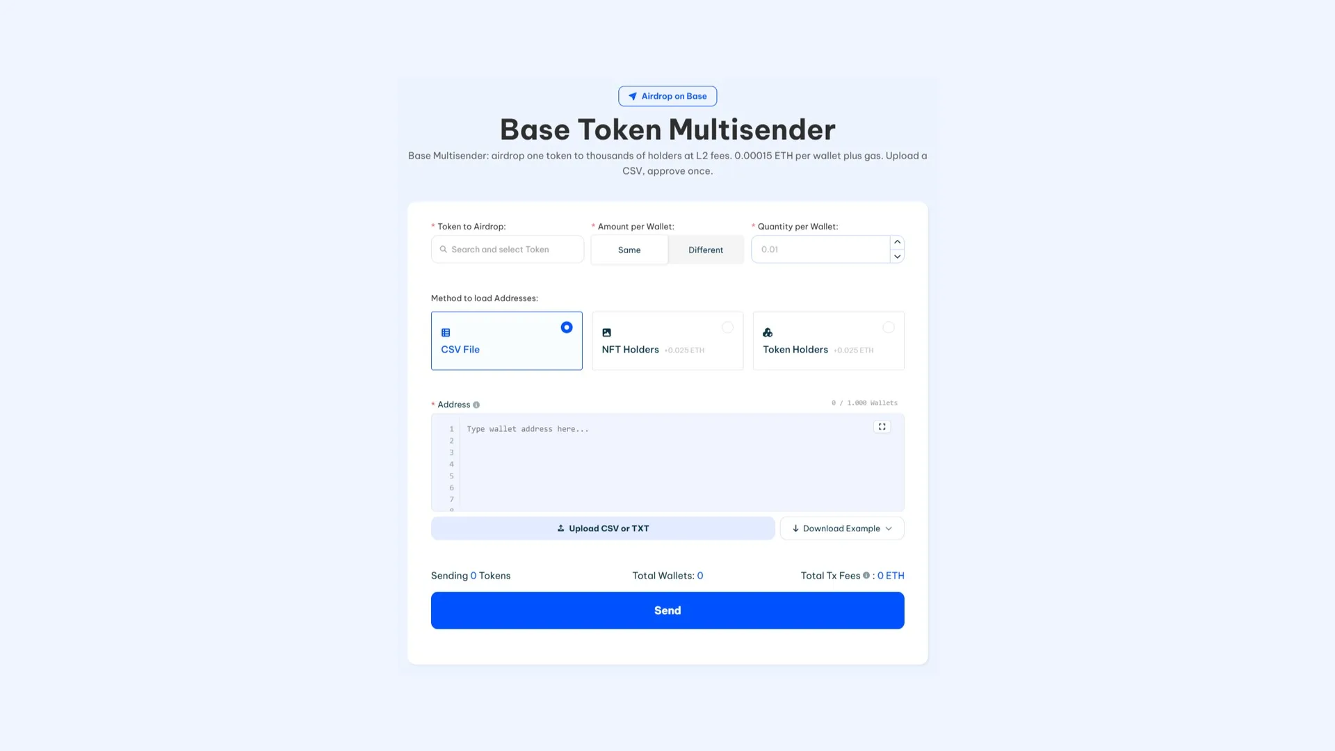 Making a Base Airdrop using Base Multisender tool by Smithii, interface screenshot