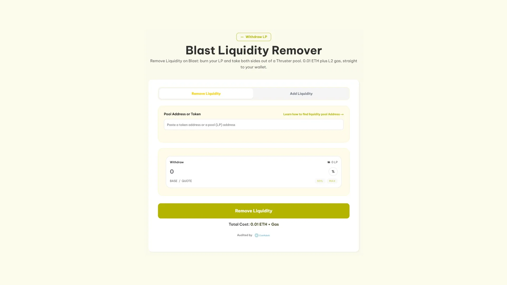 如何使用 Smithii 的 Blast Liquidity Remover 在 Uniswap 上轻松移除 Blast 流动性池。界面截图。