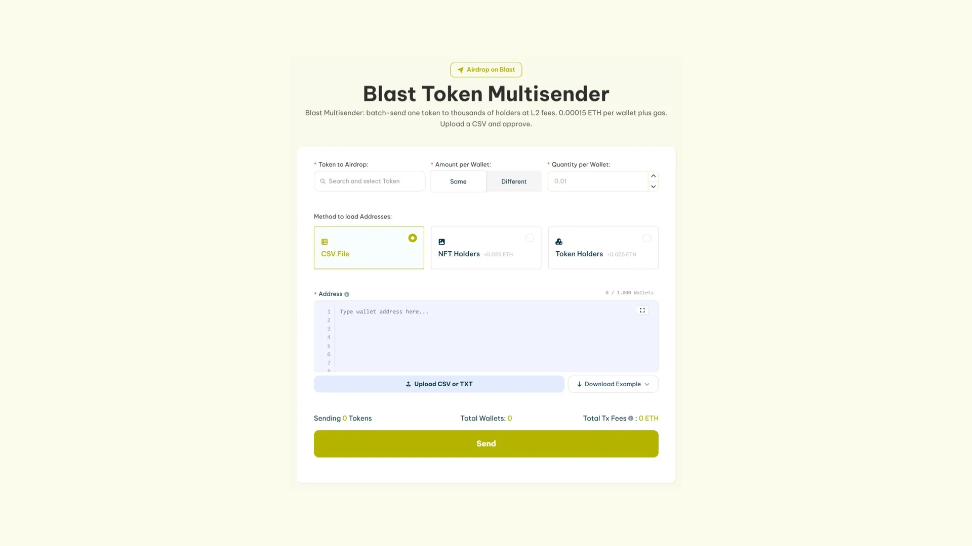 Screenshot of Blast Multisender tool to create an airdrop on Blast