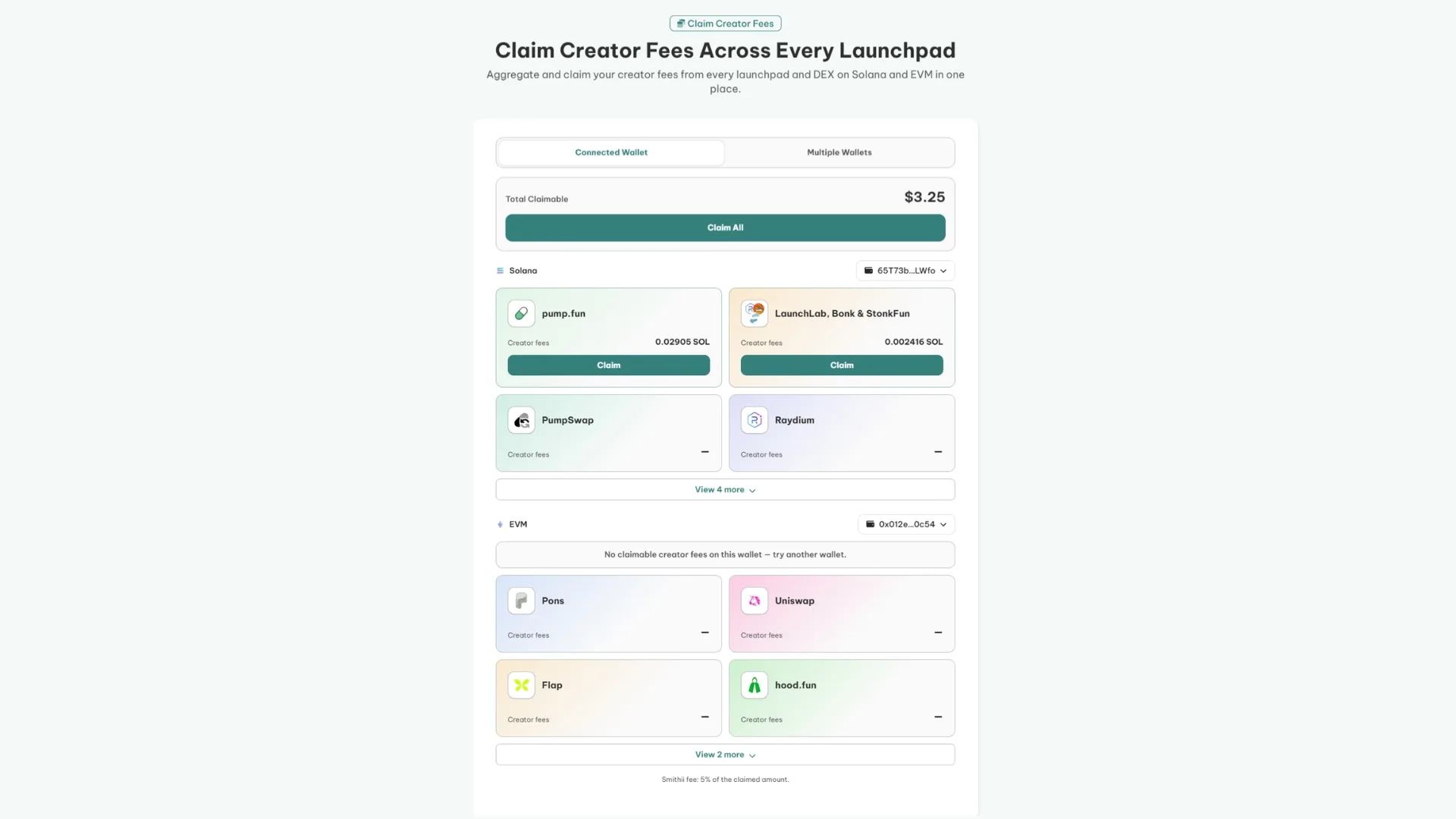 claim-creator-fees-smithii-tool-screenshot Claim Creator Fees from every launchpad, on both Solana and EVM. Single wallet or multiple wallets option. Screenshot of the Smithii Tools interface