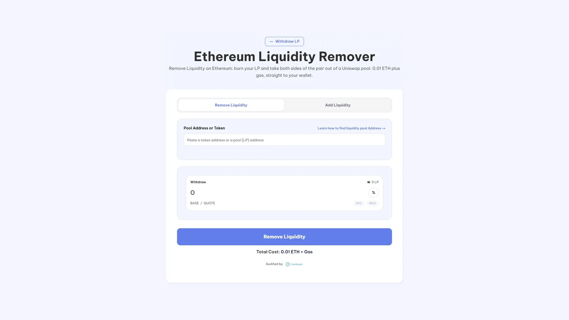 Ethereum Liquidity Remover 工具界面截图,用于在 Uniswap 移除流动性