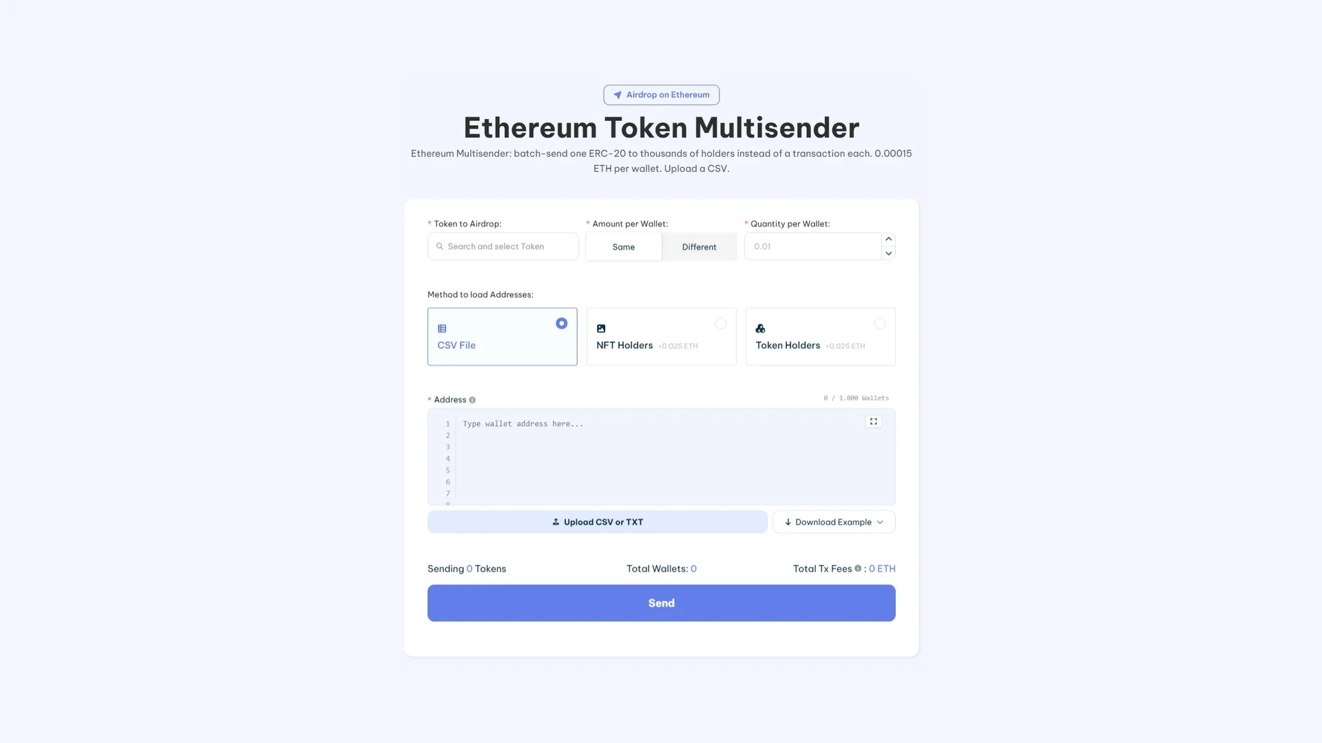 Multisender Ethereum tool screenshot to make an airdrop easily by Smithii