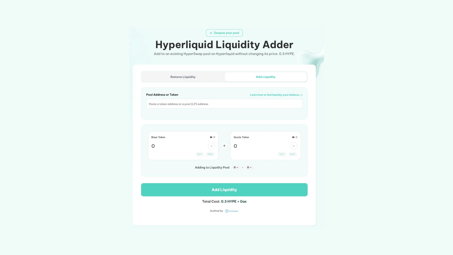 Add liquidity on Hyperliquid: Smithii Liquidity Adder interface for depositing into a HyperEVM pair