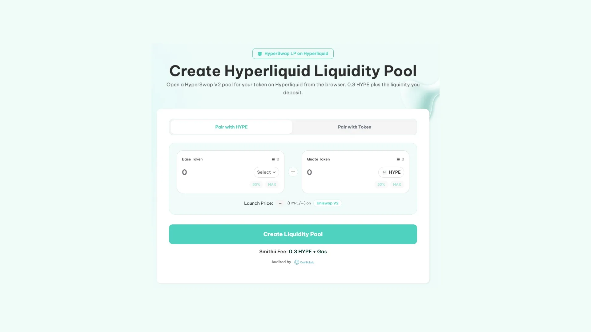 在 Hyperliquid 上创建 liquidity pool:Smithii Liquidity Pool Creator 的界面,包含 base token 和 quote token
