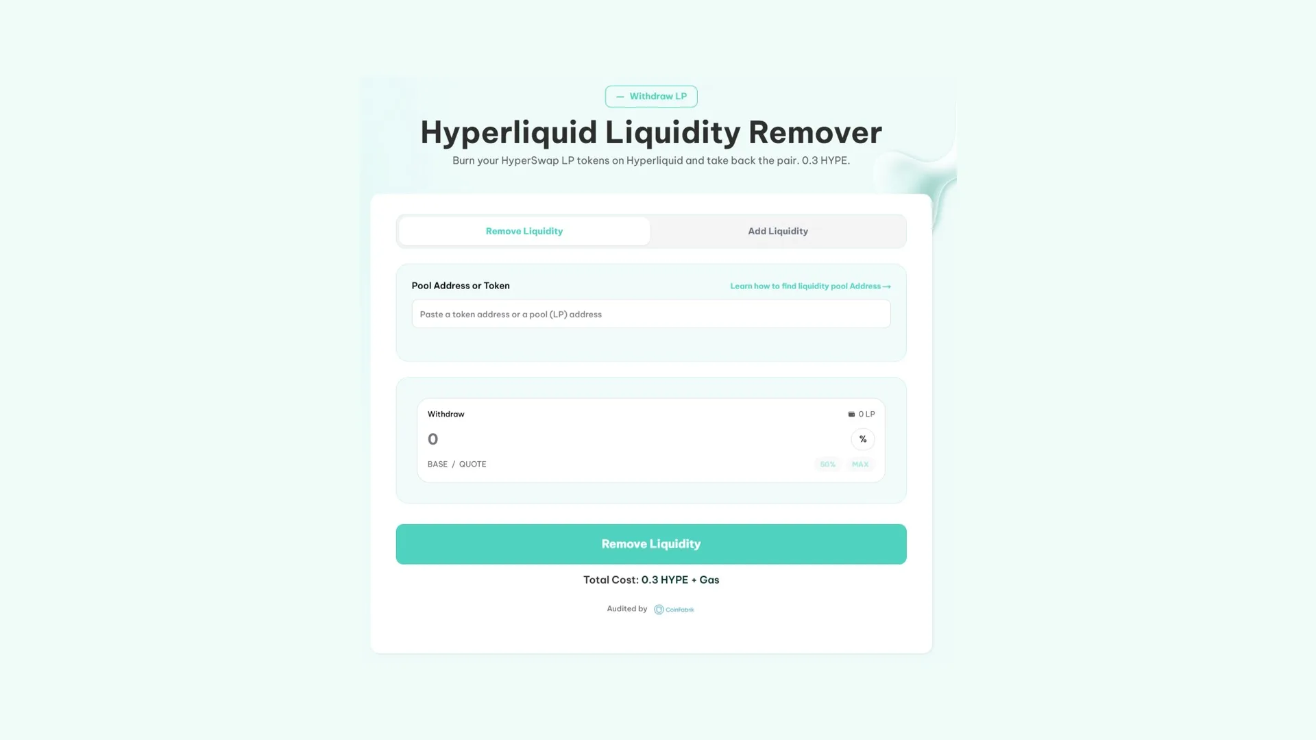 Remover liquidez en Hyperliquid: interfaz del Liquidity Remover de Smithii para retirar fondos de un par de HyperEVM