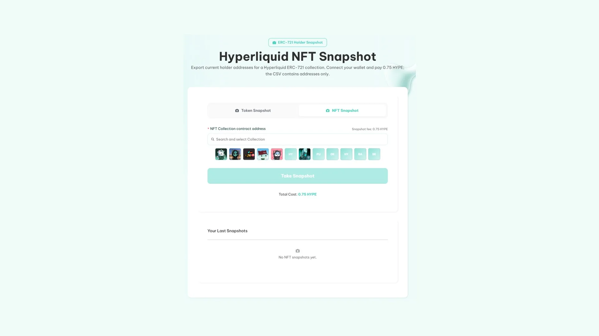Hyperliquid 上的 NFT snapshot：Smithii 工具界面，用于获取一个合集的持有者