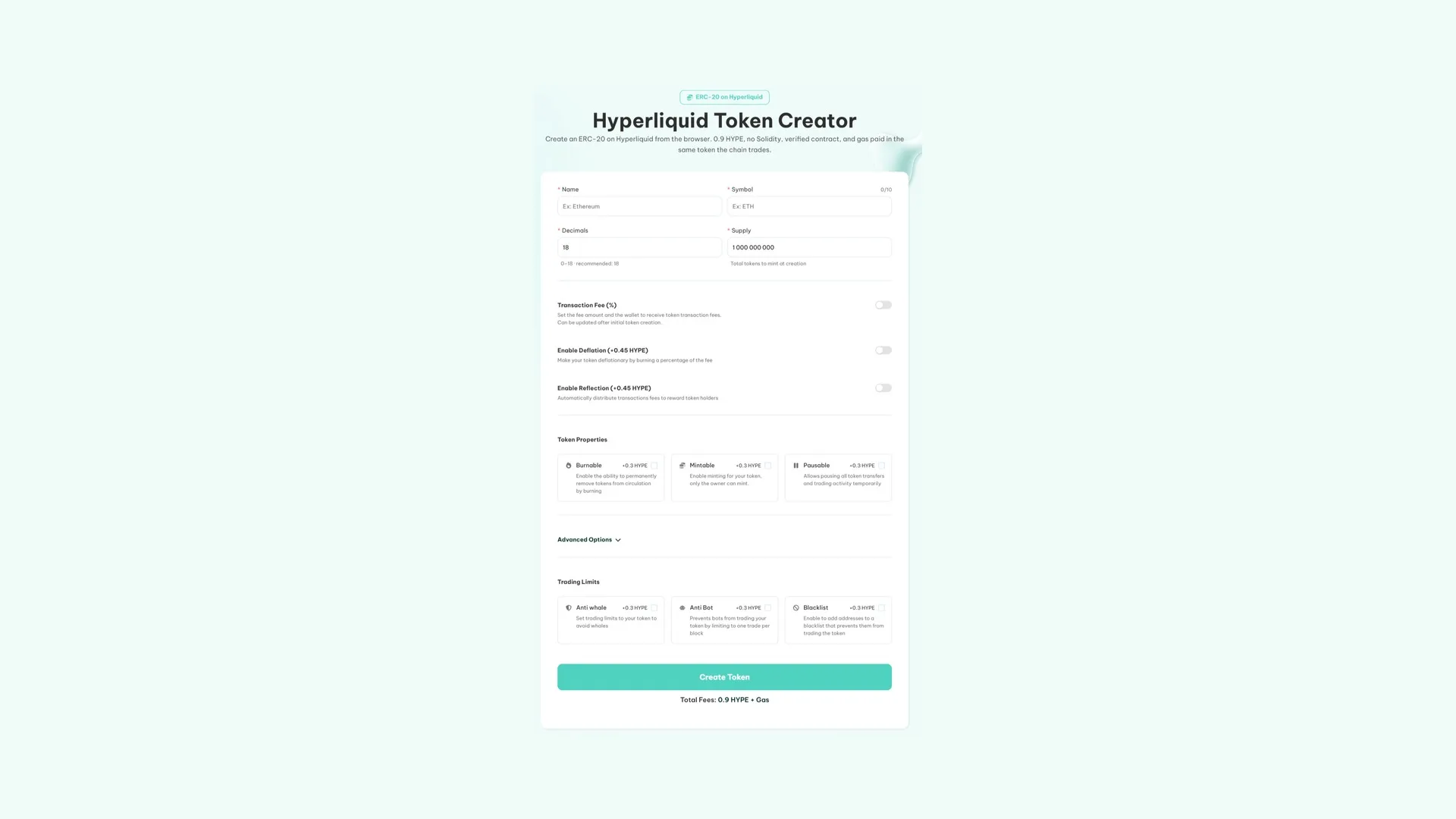 在 Hyperliquid 上创建 token:Smithii Token Creator 的界面,用于在 HyperEVM 上部署 ERC-20