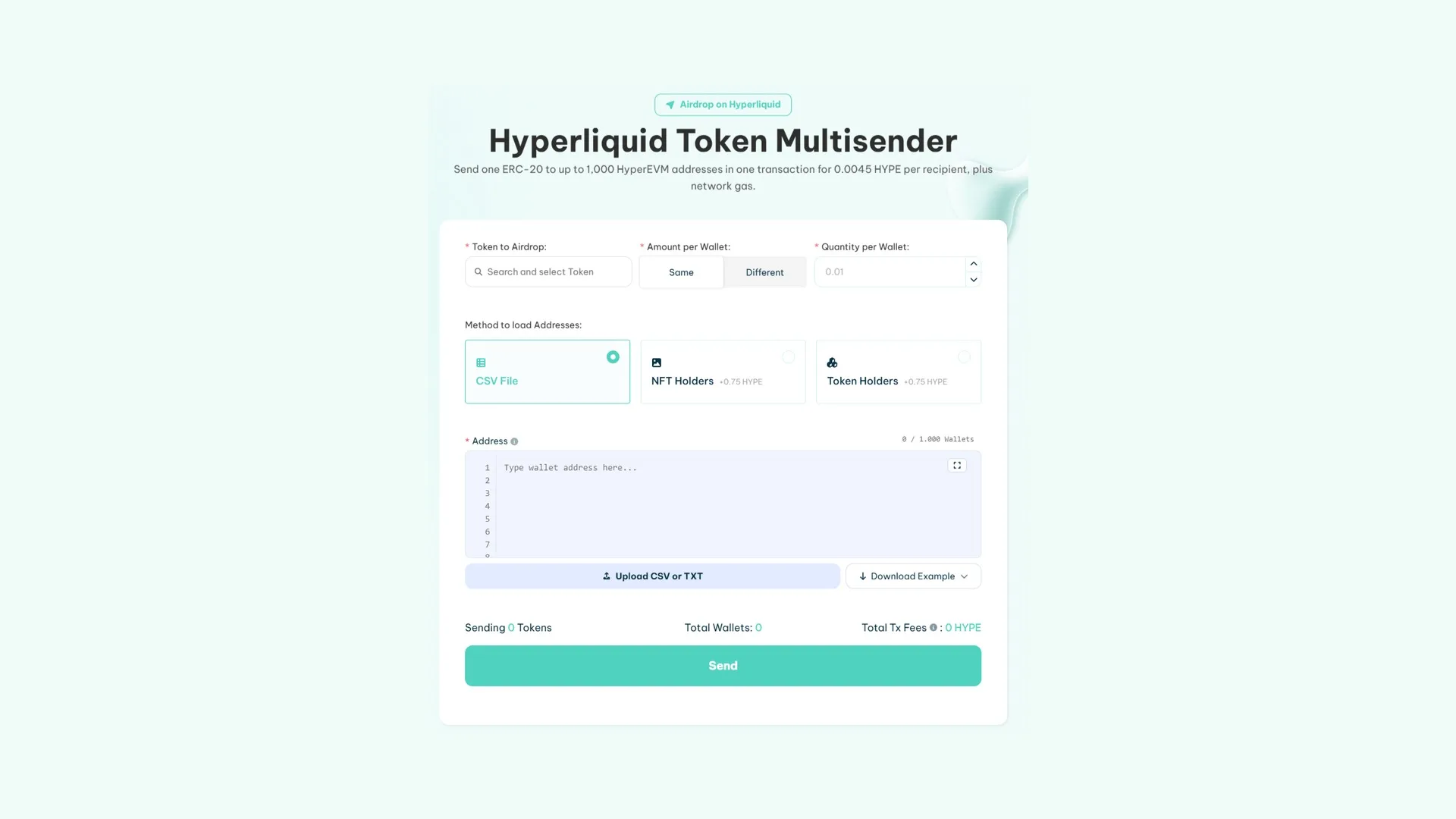Hyperliquid Multisender:Smithii 的 Token Multisender 界面,用于上传收款地址和对应金额
