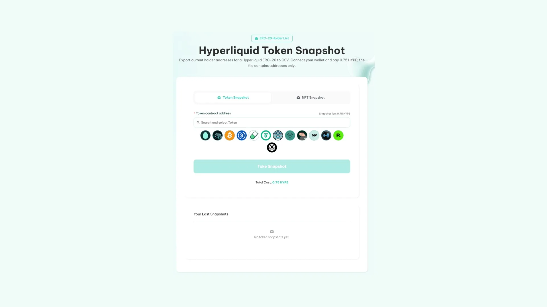 Hyperliquid Token Snapshot Token snapshot en Hyperliquid: interfaz de la herramienta de Smithii para sacar la lista de holders de un token
