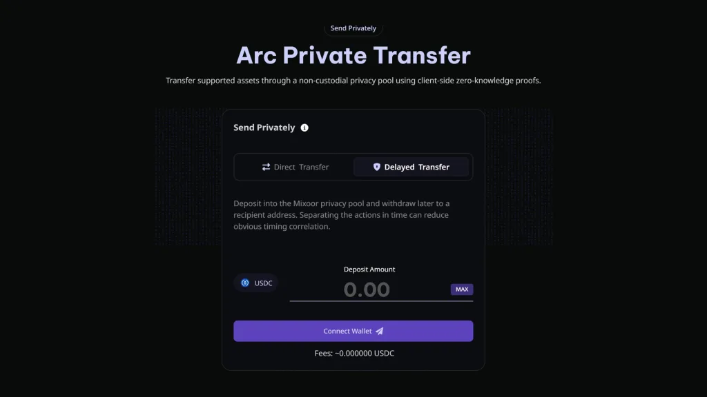 Mixoor di Arc, mode Delayed Transfer transaksi privat di Arc chain: mode Delayed Transfer Mixoor dengan kolom deposit dalam USDC