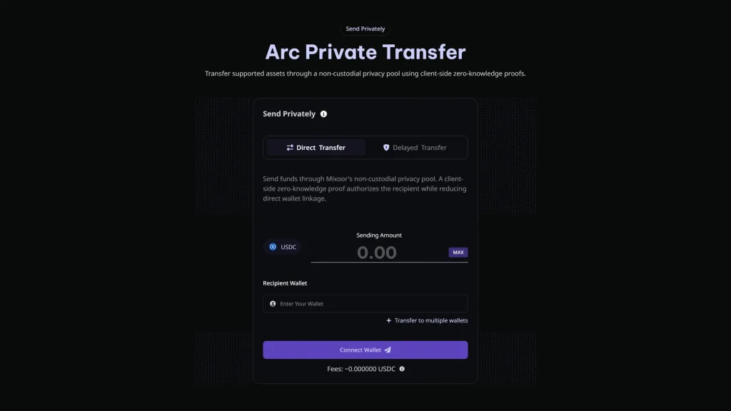 Mixoor di Arc, mode Direct Transfer privasi di Arc chain: interface Mixoor untuk mengirim USDC secara privat dengan mode Direct Transfer terpilih