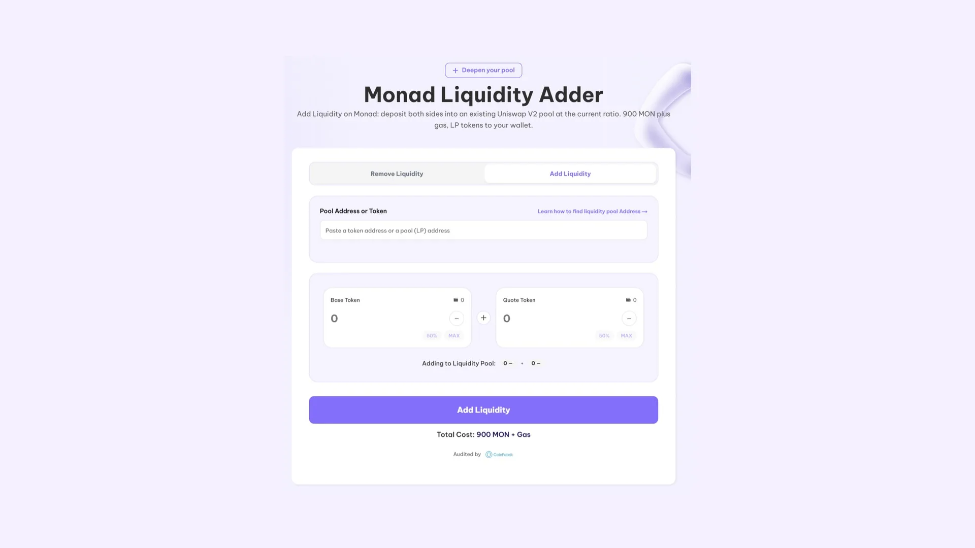 Monad Liquidity Adder Aggiungere liquidity su Monad: interfaccia del Liquidity Adder di Smithii con la pool e le quantità di ciascun lato della pair