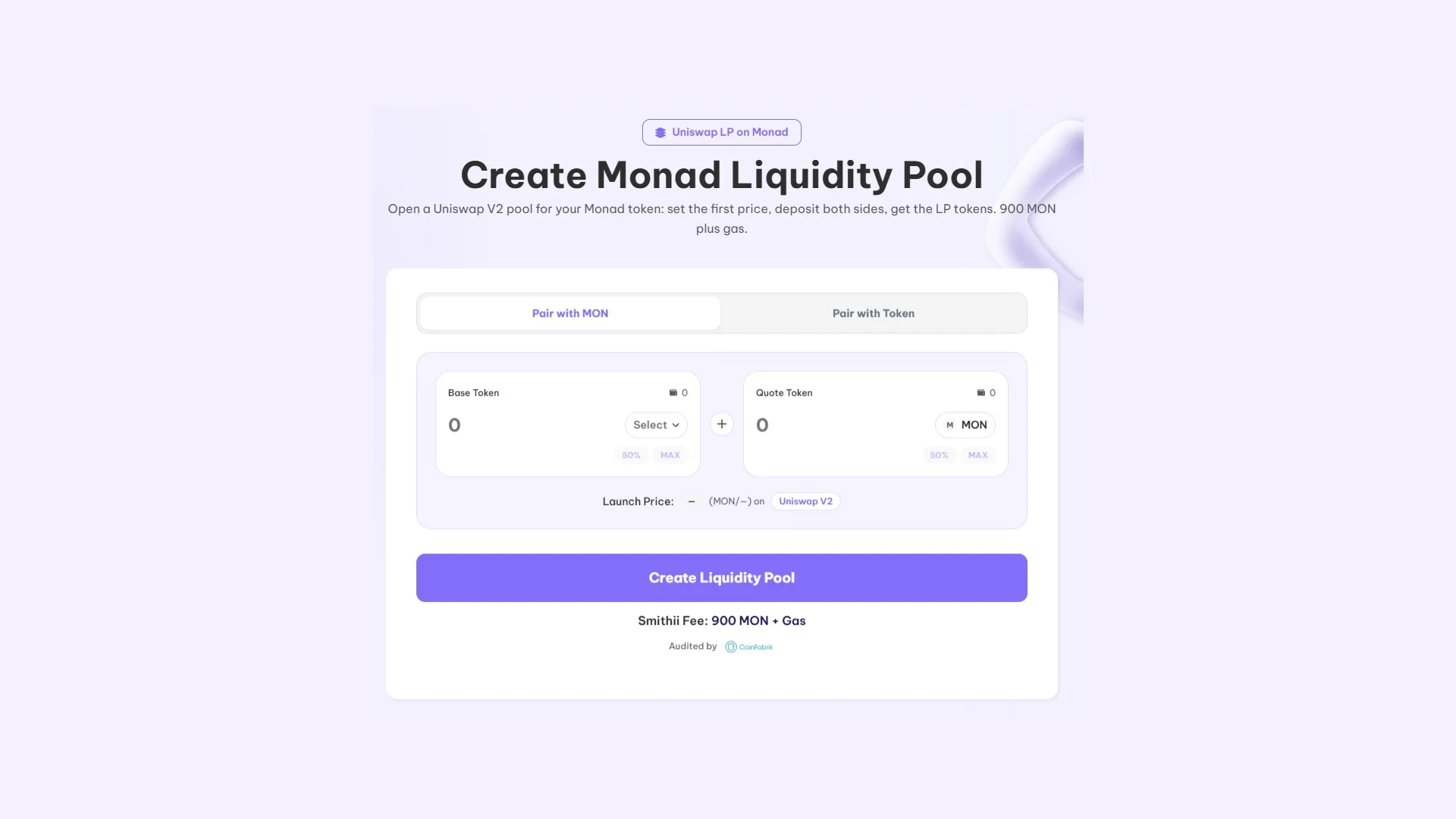 Crear una liquidity pool en Monad: interfaz del Liquidity Pool Creator de Smithii con los campos de base token y quote token
