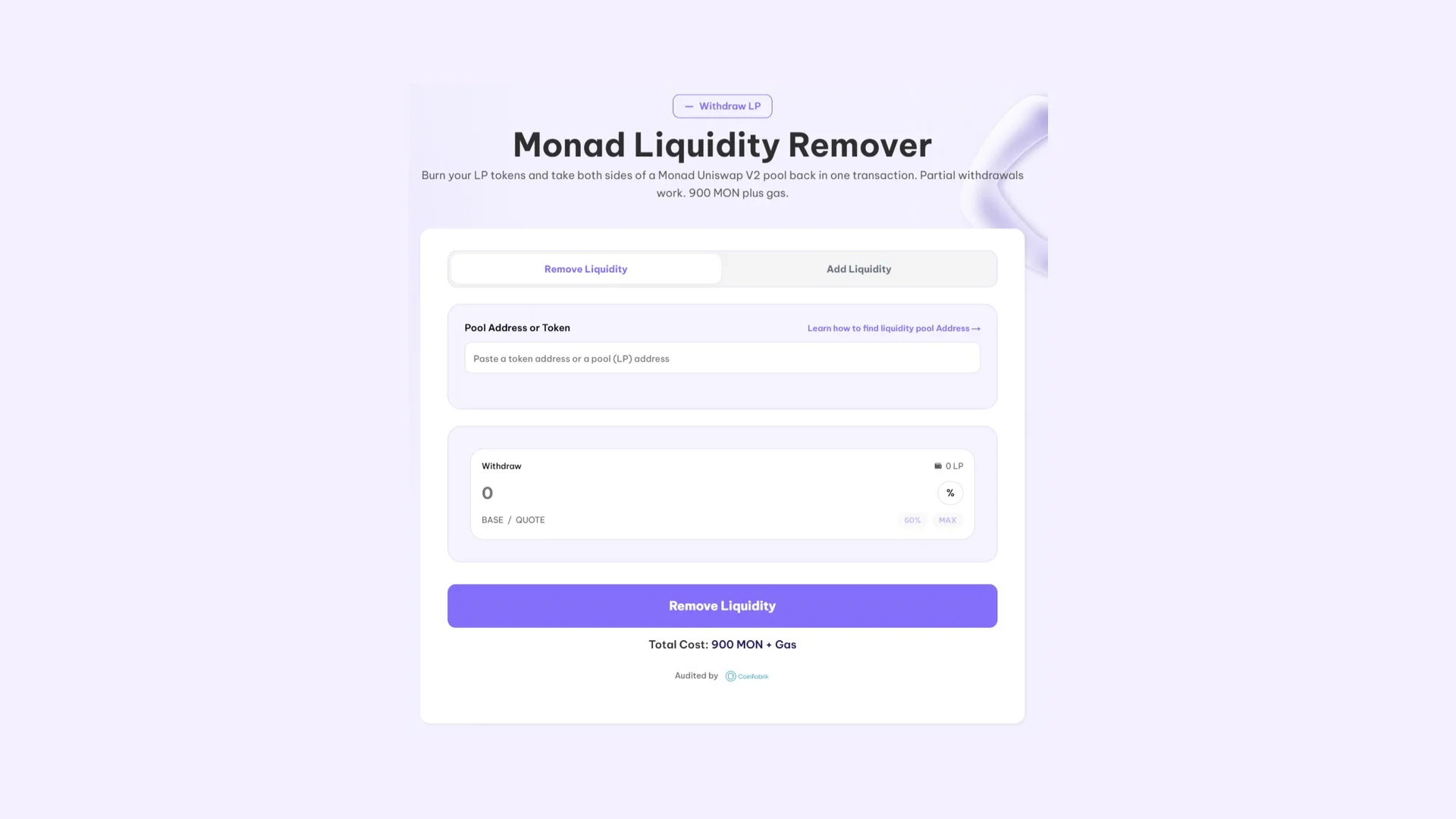 Monad Liquidity Remover Rimuovere liquidità su Monad: interfaccia del Liquidity Remover di Smithii con l'indirizzo della pool e la percentuale da ritirare