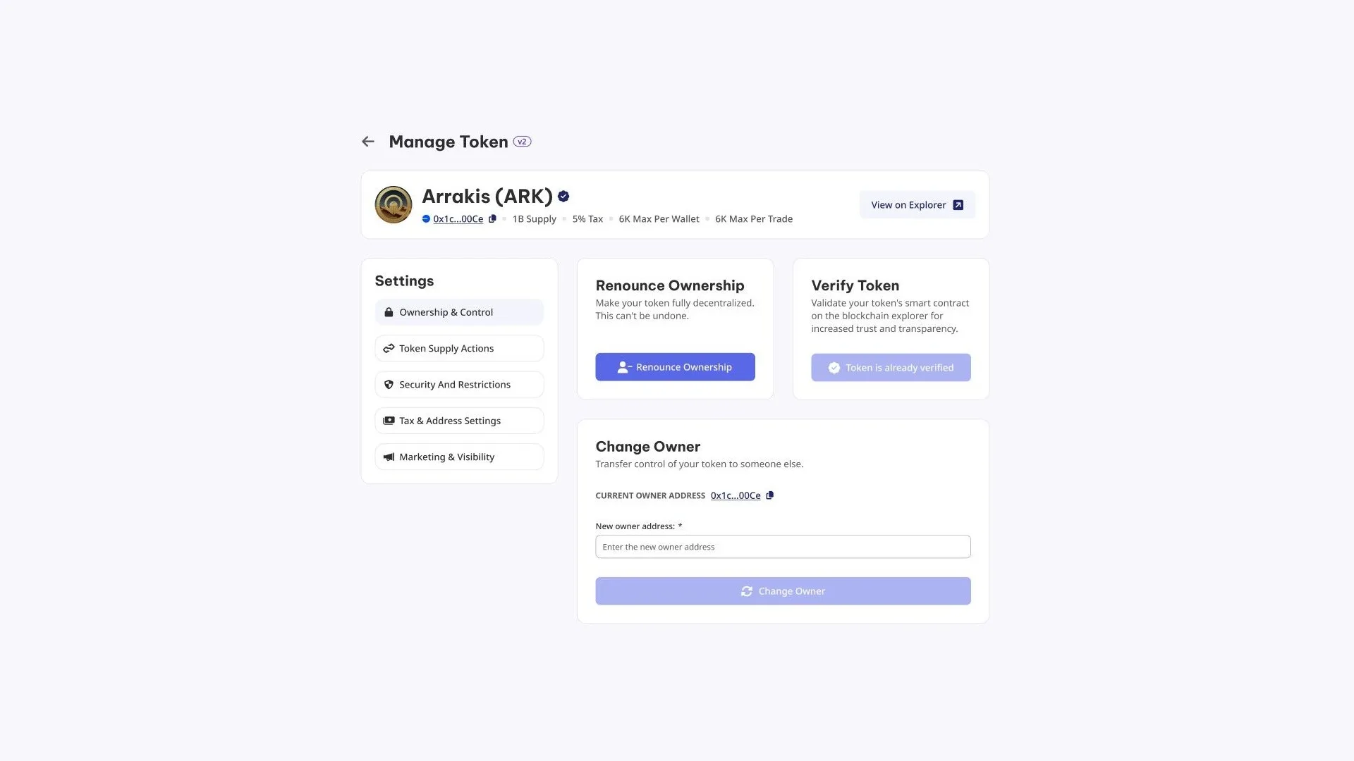 Monad Token Manager 在 Monad 上放弃 ownership:Smithii 的 Token Manager 中 Ownership & Control 面板,包含放弃合约所有权的按钮