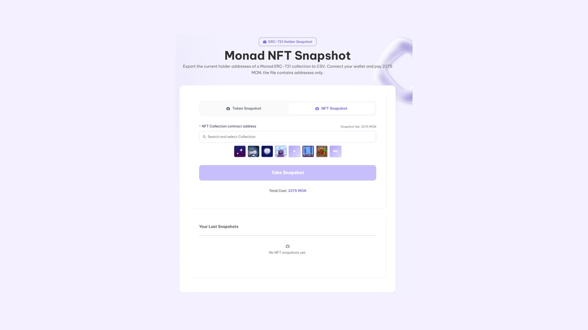 NFT snapshot di Monad: tampilan tool Smithii untuk mengambil wallet yang memiliki sebuah koleksi