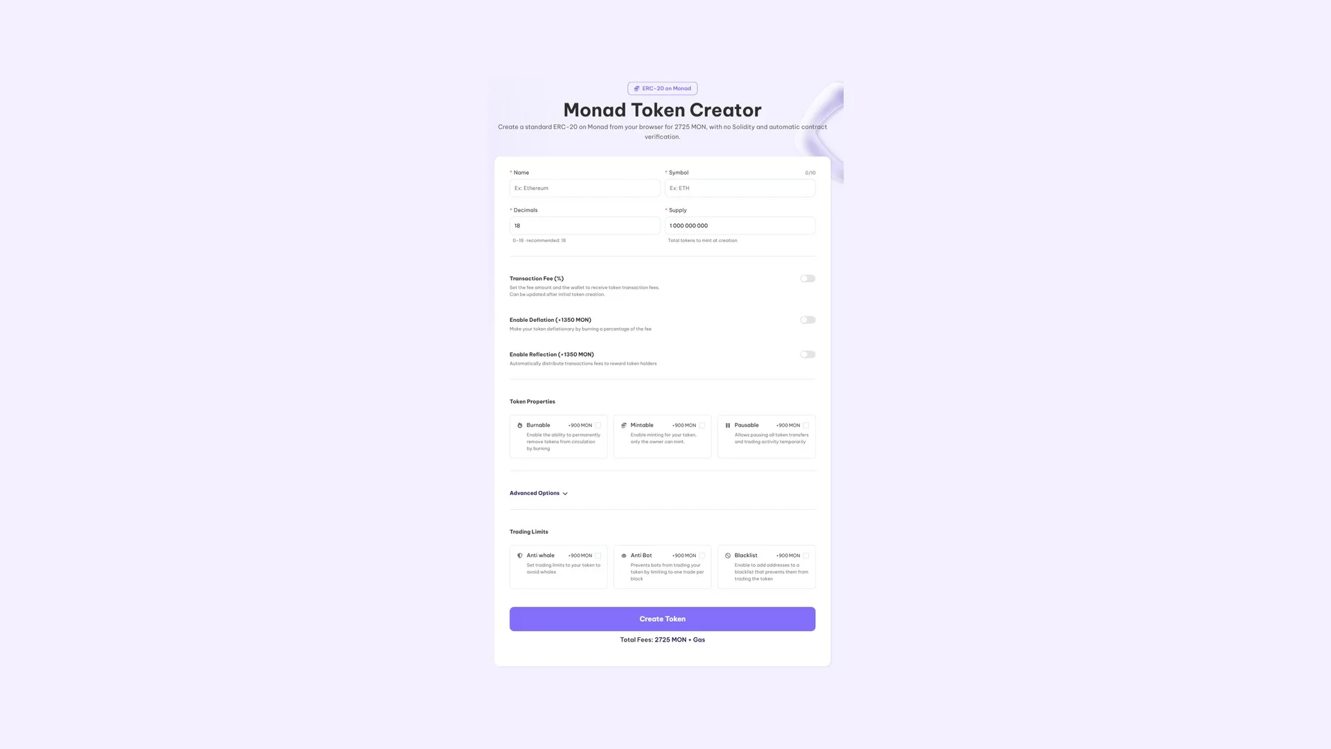 在 Monad 上创建代币:Smithii Token Creator 界面,含名称、符号、小数位和供应量字段