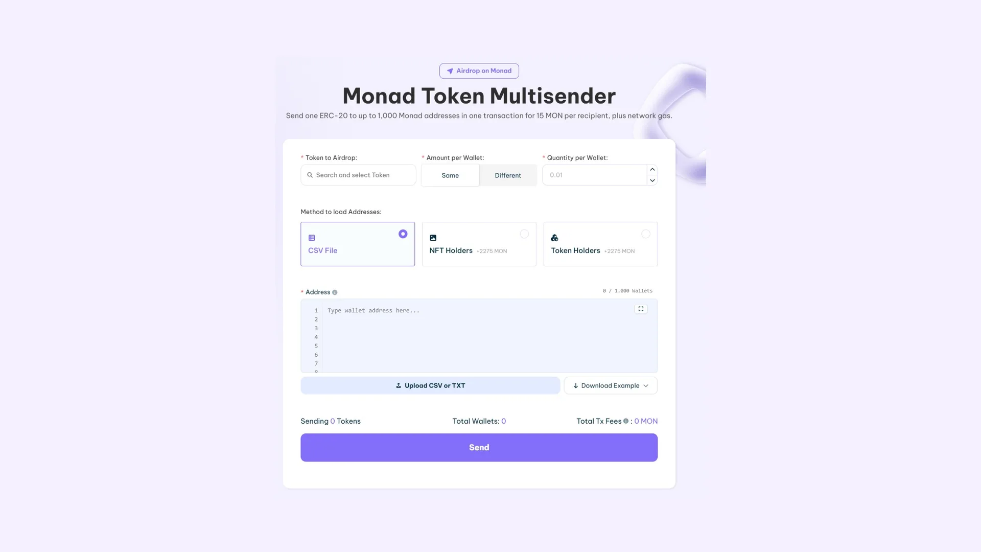 Monad 的 Multisender：Smithii 的 Token Multisender 界面，用于加载收款地址和对应数量的名单