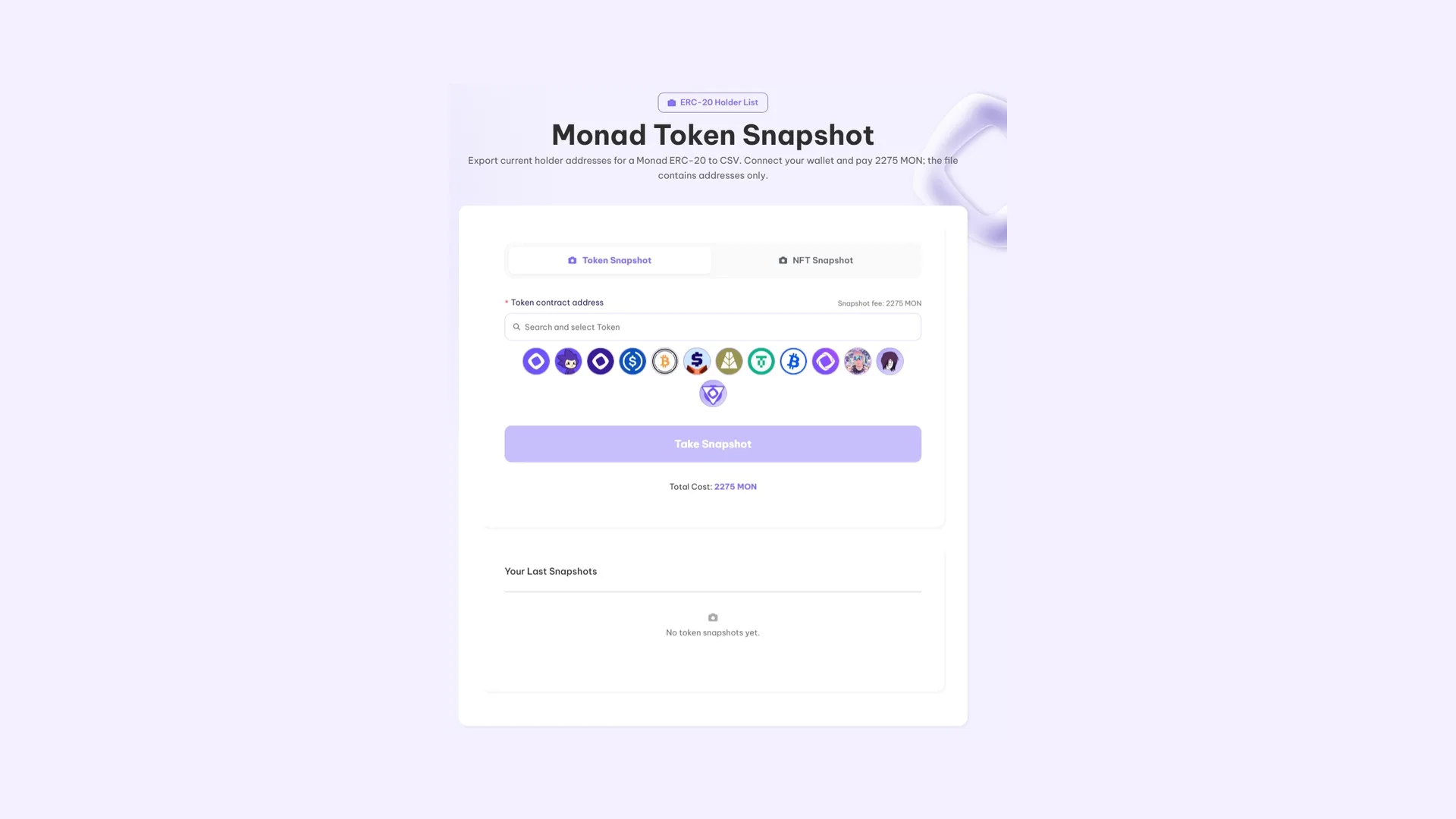 Token snapshot в Monad: интерфейс инструмента Smithii для выгрузки списка holders token