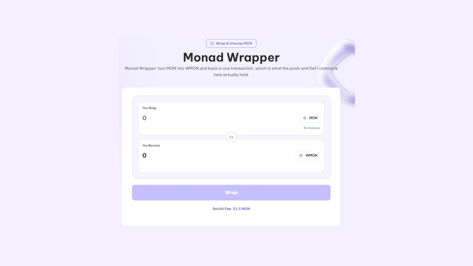 Monad Wrap Token Wrapped MON: интерфейс wrap token от Smithii для Monad с суммой MON для конвертации в WMON