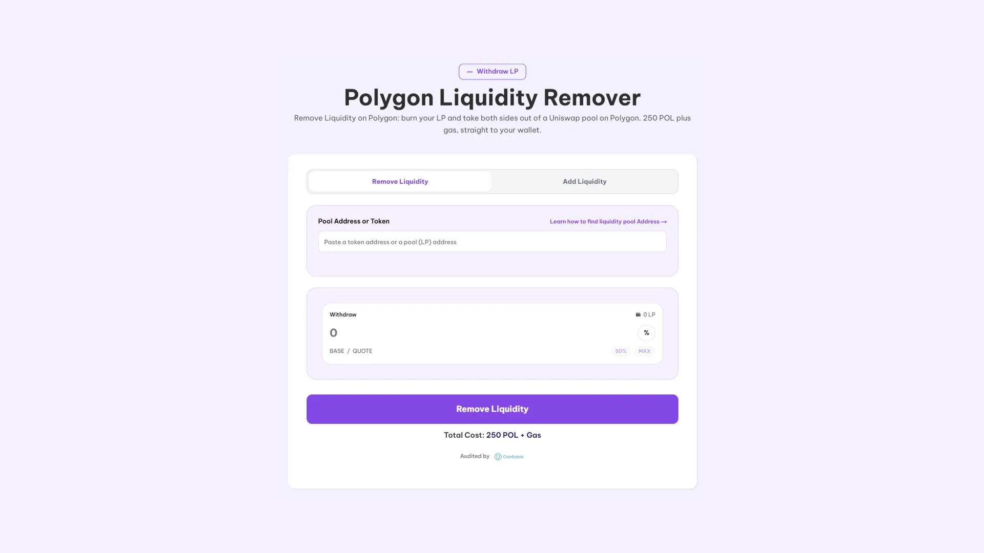 如何在 Uniswap 上移除 Polygon 区块链的流动性,使用 Smithii 的 Polygon Liquidity Remover 截图