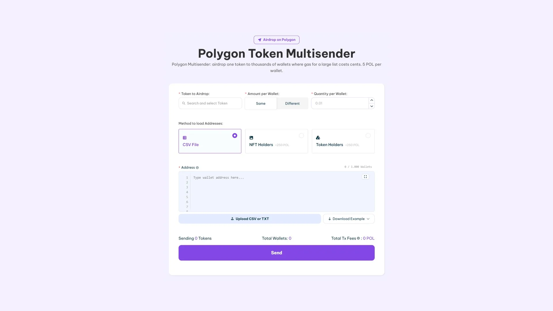 Polygon Multisender screenshot, a Smithii tool that allows you make an airdrop easier