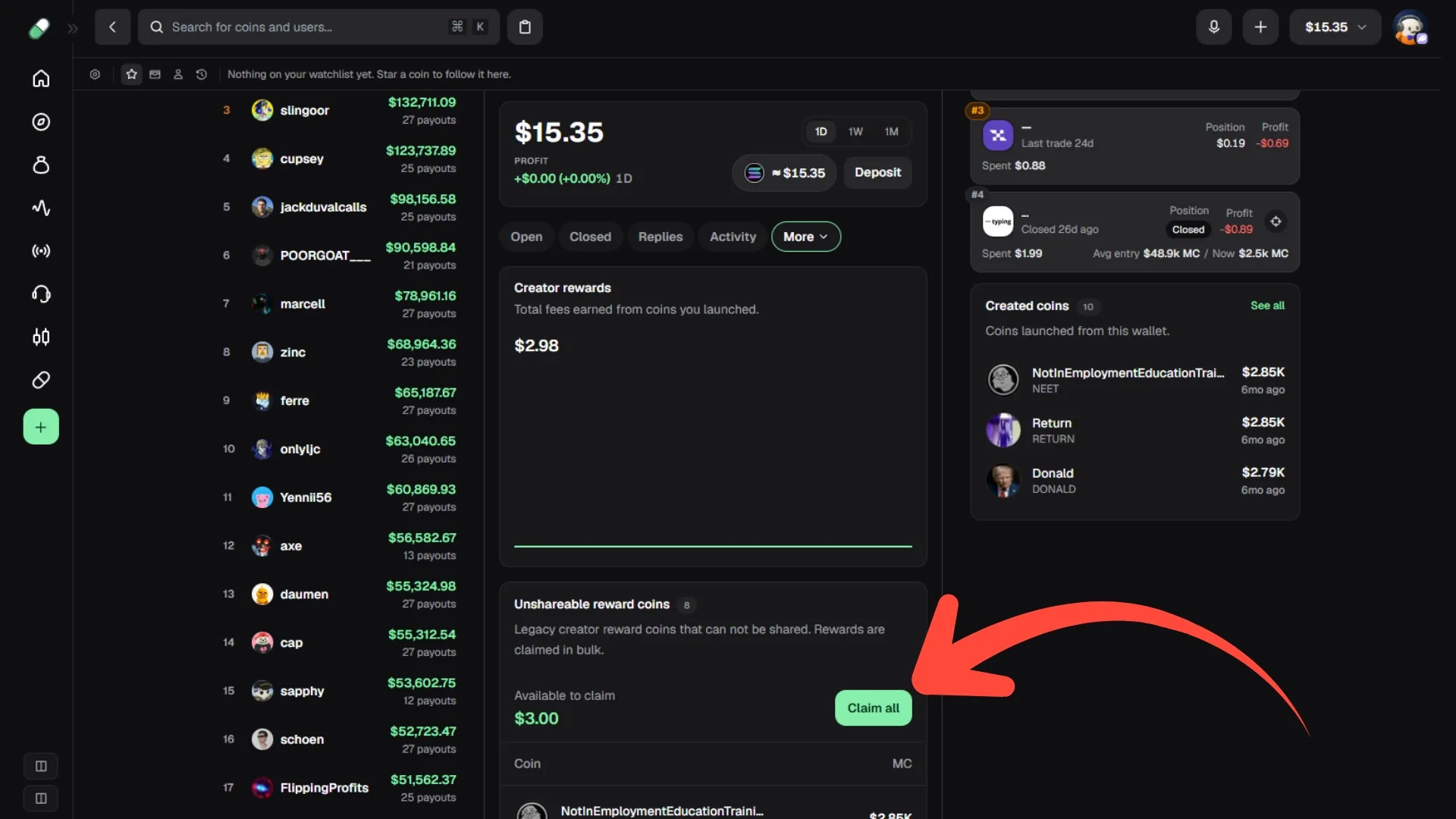 pump-fun-creator-fees-claim-all How to claim pump.fun creator fees: screenshot of the 'Claim all' button to withdraw rewards from launching tokens.
