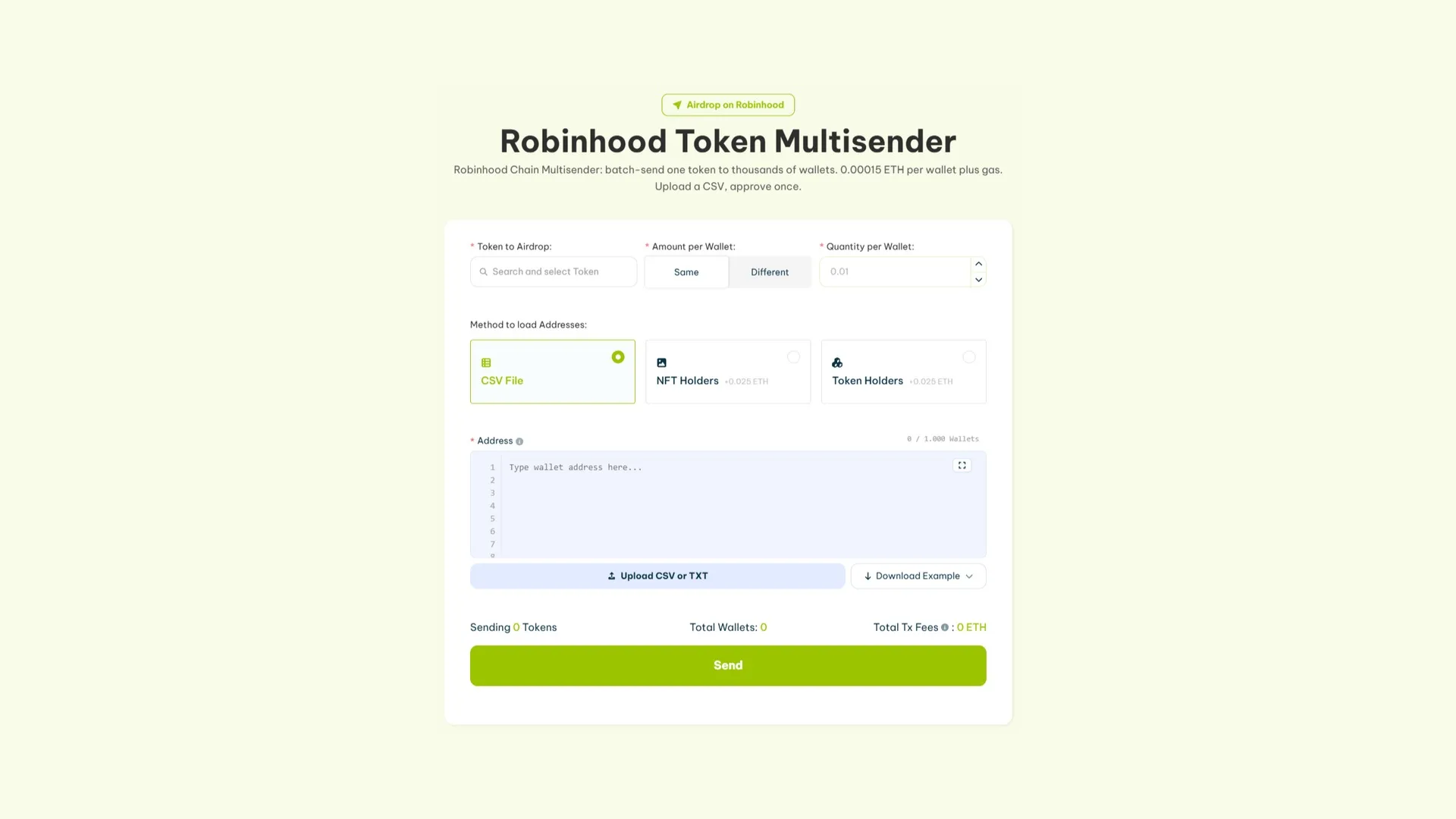 Robinhood Token Multisender by Smithii, interface for running a airdrop on Robinhood Chain by uploading a CSV of wallets