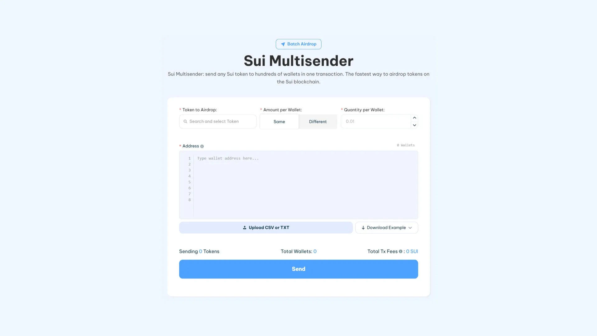 SUI Multisender interface by Smithii Tools, screenshot with all the options available to make an airdrop on SUI
