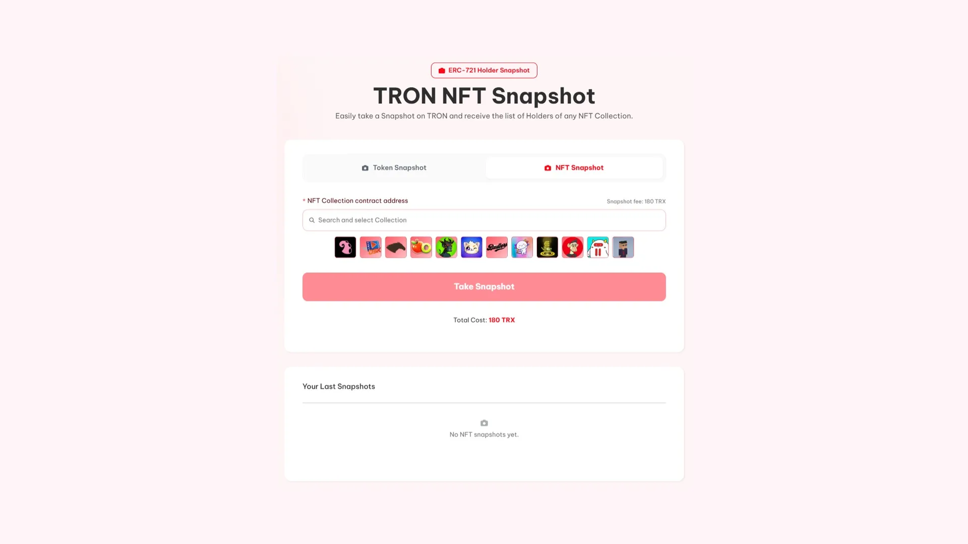 tron-nft-snapshot-screenshot NFT snapshot в TRON: интерфейс NFT Snapshot от Smithii с полем для адреса коллекции