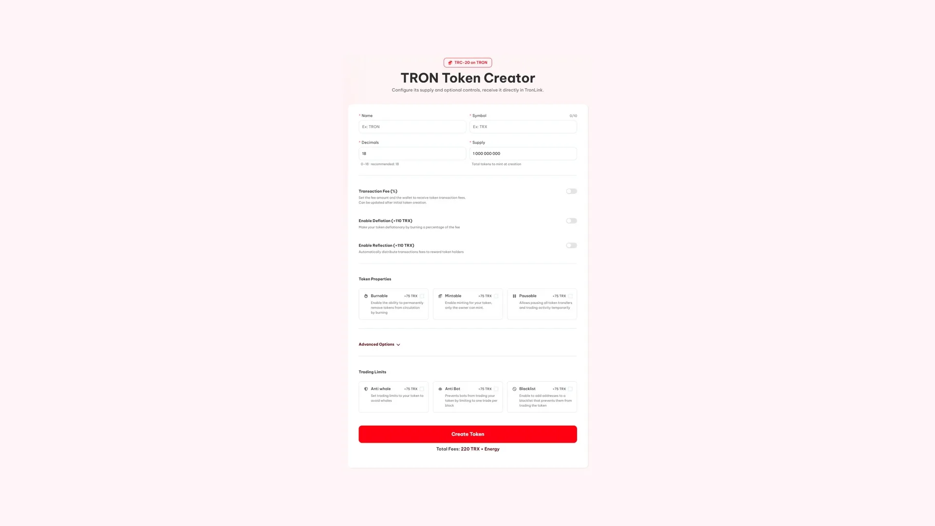 tron-token-creator-screenshot создать token в сети TRON: интерфейс TRON Token Creator от Smithii с полями Name, Symbol, Decimals и Supply
