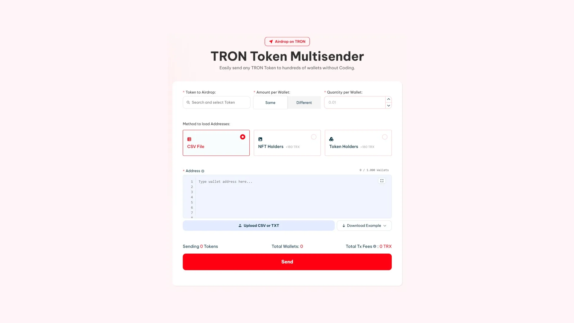 tron-token-multisender-screenshot multisender on TRON: interface of the TRON Token Multisender from Smithii with the address loading methods