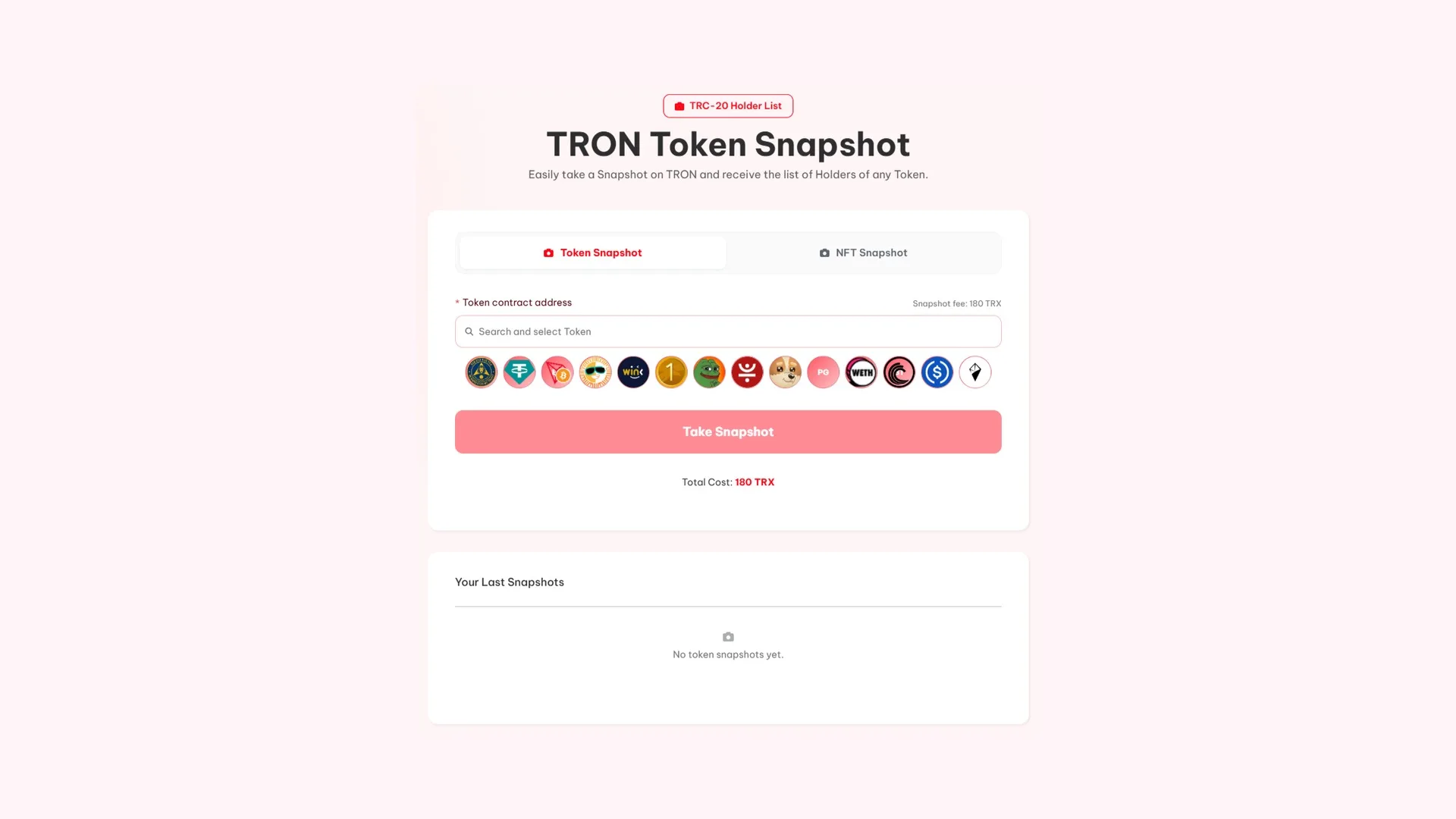 tron-token-snapshot-screenshot token snapshot в TRON: интерфейс Token Snapshot от Smithii с полем для адреса контракта TRC-20