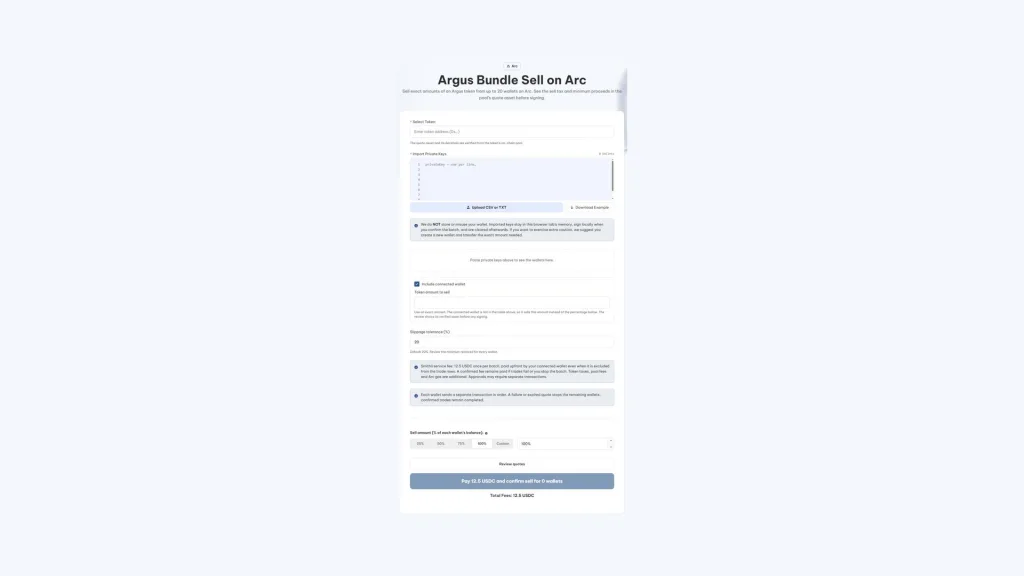أداة Argus Bundle Sell من Smithii لبيع token على Argus من حتى 20 wallet على Arc