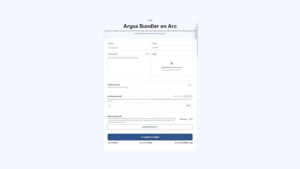 طريقة إطلاق token على Argus: Argus Bundler من Smithii مع هوية token وإعدادات الإطلاق وwallets sniper