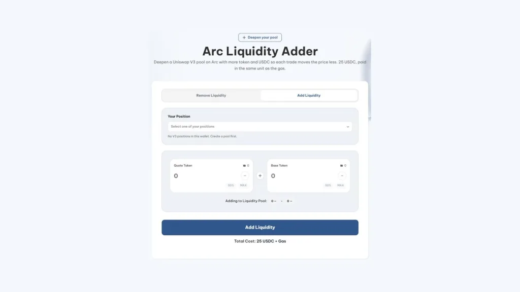 cómo añadir liquidez en Arc: Arc Liquidity Adder de Smithii con la posición de Uniswap V3 y las cantidades de token y USDC