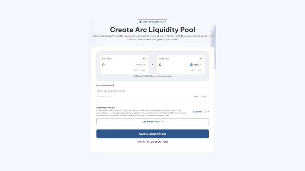 Arc Liquidity Pool Creator de Smithii cómo crear una liquidity pool en Arc: Arc Liquidity Pool Creator de Smithii con el token base, USDC como quote y el precio de salida